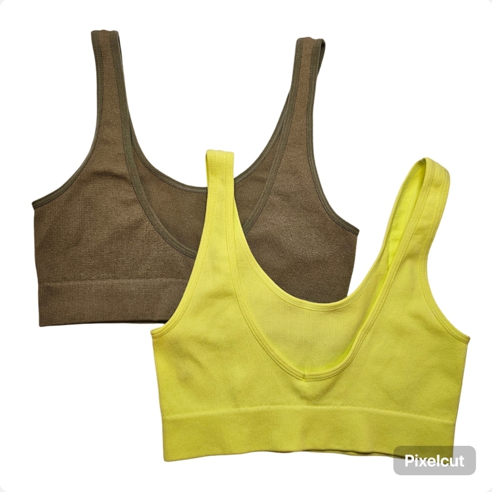 SWS Essentials set of neon green, army green ribbed stretch crop tank top S US